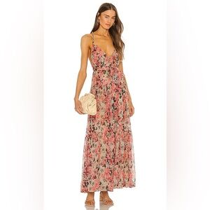 NWT ASTR the Label EARTHA Pink FLORAL MAXI DRESS Plunge V Neck Metallic Small